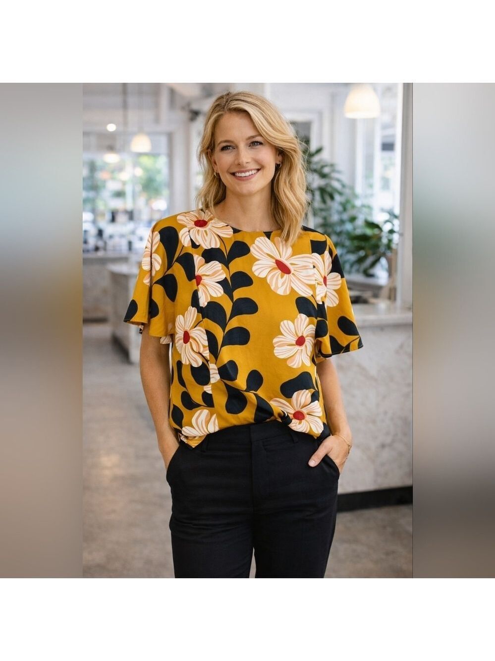 C. Luce Ikebana Floral Blouse Yellow Black Short Sleeve Top Size 2 Anthropologie